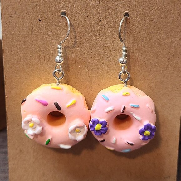 Handmade Donut Earrings Pink Flower Dangle Drop Fun Foodie Cute Earrings NEW - Picture 2 of 6